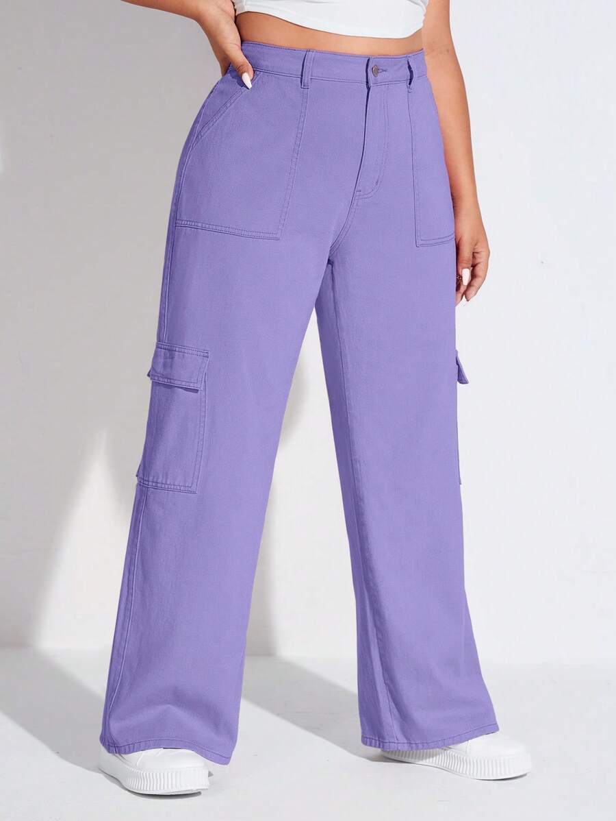 SHEIN EZwear Quần Denim kích thước lớn Nút Túi Dây kéo màu trơn - Màu tím  Violet - Xem 1