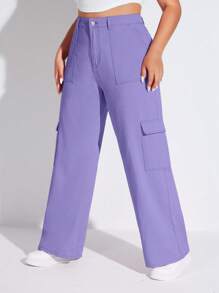 SHEIN EZwear Quần Denim kích thước lớn Nút Túi Dây kéo màu trơn - Màu tím  Violet - Xem 3