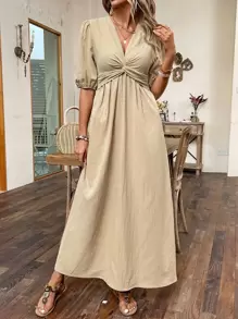 SHEIN Clasi 素色前扭結泡泡袖A字連衣裙 - 卡其色 - 查看 1