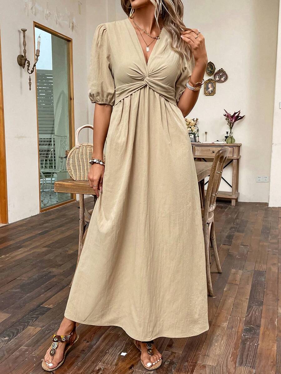 SHEIN Clasi 素色前扭結泡泡袖A字連衣裙 - 卡其色 - 查看 1
