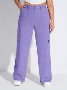 SHEIN EZwear Quần Denim kích thước lớn Nút Túi Dây kéo màu trơn - Màu tím  Violet - Xem 4