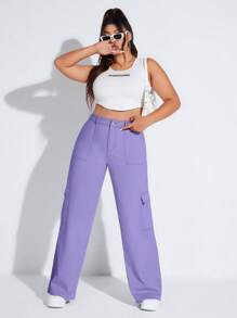 SHEIN EZwear Quần Denim kích thước lớn Nút Túi Dây kéo màu trơn - Màu tím  Violet - Xem 5