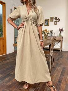 SHEIN Clasi 素色前扭結泡泡袖A字連衣裙 - 卡其色 - 查看 3