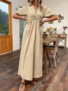 SHEIN Clasi 素色前扭結泡泡袖A字連衣裙 - 卡其色 - 查看 7
