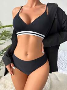 條紋飾邊內衣套裝 - 黑色 - 查看 3