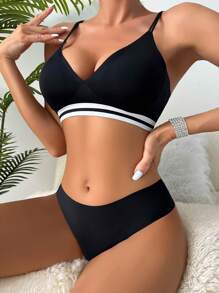 條紋飾邊內衣套裝 - 黑色 - 查看 1