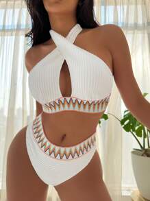鋸齒紋織帶掛脖比基尼泳裝 - 白色 - 查看 1