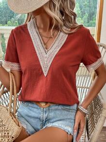 SHEIN LUNE Blusa panel con encaje de cuello V - Rojo - Ver 7