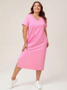 SHEIN BASICS 大碼V領下擺開叉T恤連衣裙 - 粉色 - 查看 4