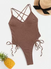 SHEIN Swim 夏季海灘實色交叉露背打結側面高腰一片式泳裝