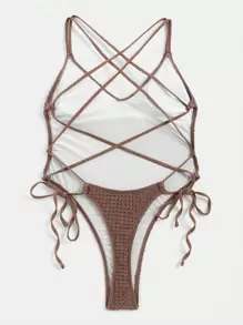 SHEIN Swim 夏季海灘實色交叉露背打結側面高腰一片式泳裝