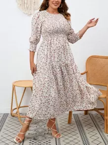 SHEIN Privé Plus Ditsy Floral Print Shirred Flounce Sleeve Ruffle Hem Dress - White - View 3