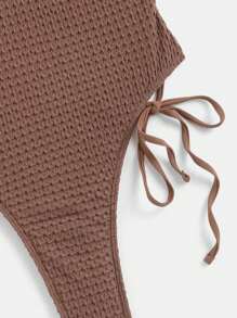 SHEIN Swim 夏季海灘實色交叉露背打結側面高腰一片式泳裝