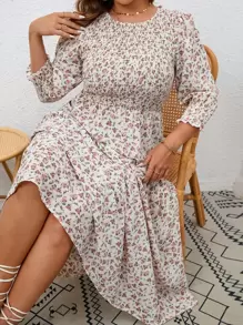 SHEIN Privé Plus Ditsy Floral Print Shirred Flounce Sleeve Ruffle Hem Dress - White - View 6