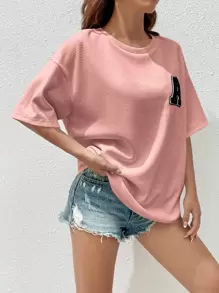 SHEIN EZwear Summer Letter Patched Drop Shoulder Tee - Baby Pink - View 3