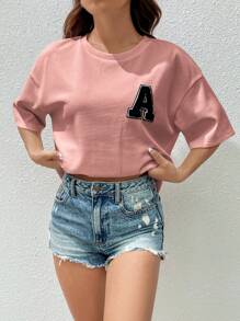 SHEIN EZwear Summer Letter Patched Drop Shoulder Tee - Baby Pink - View 4