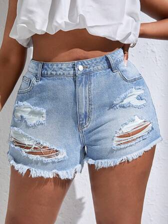 SHEIN SXY Plus Ripped Raw Hem Denim Shorts