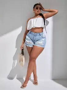 SHEIN SXY Plus Ripped Raw Hem Denim Shorts