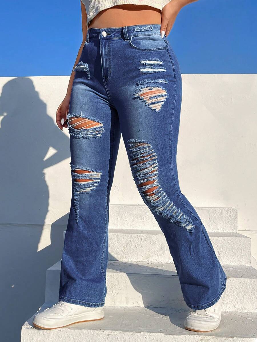 SHEIN EZwear 大碼斜口袋破洞牛仔喇叭褲 - 中等水洗藍 - 查看 1