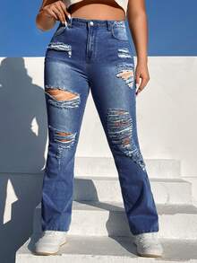 SHEIN EZwear 大碼斜口袋破洞牛仔喇叭褲 - 中等水洗藍 - 查看 3