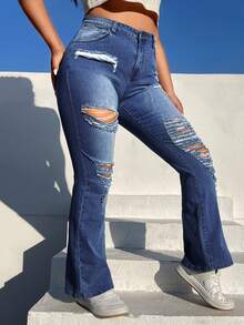 SHEIN EZwear 大碼斜口袋破洞牛仔喇叭褲 - 中等水洗藍 - 查看 4