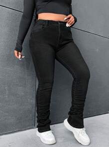 SHEIN EZwear Plus Slant Pocket Ruched Skinny Jeans - Black - View 1