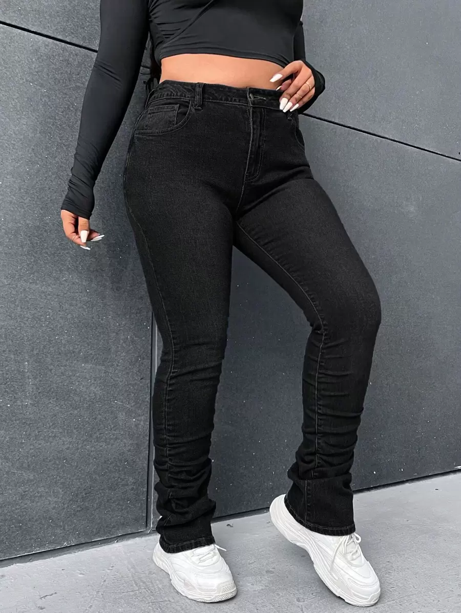 SHEIN EZwear Plus Slant Pocket Ruched Skinny Jeans - Black - View 1