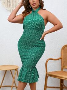 SHEIN Privé 大碼碎花露背魚尾裙下擺掛脖洋裝 - 綠色 - 查看 7