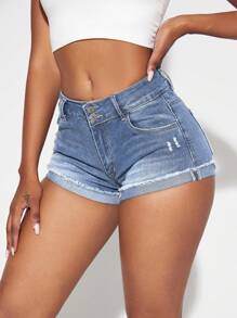 SHEIN Essnce 破洞卷邊牛仔短褲 - 淺色水洗藍 - 查看 1