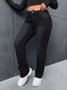 SHEIN EZwear Plus Slant Pocket Ruched Skinny Jeans - Black - View 3