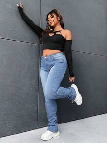 SHEIN EZwear Plus Ruched Skinny Jeans - Light Wash - View 4