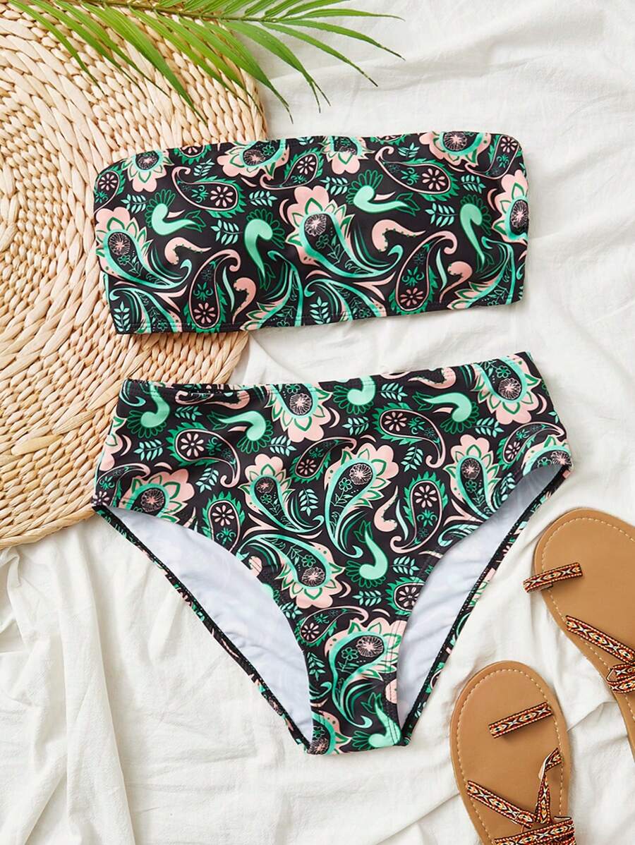 Paisley Print Bandeau Bikini Set, For Summer Beach Vacation - Multicolor - View 1