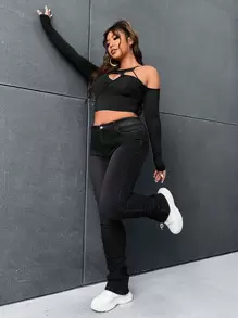 SHEIN EZwear Plus Slant Pocket Ruched Skinny Jeans - Black - View 5