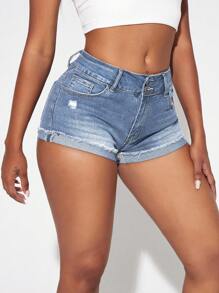 SHEIN Essnce 破洞卷邊牛仔短褲 - 淺色水洗藍 - 查看 5