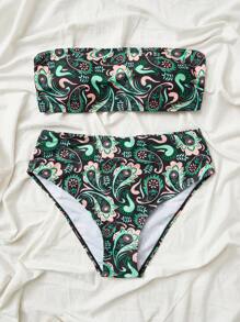 Paisley Print Bandeau Bikini Set, For Summer Beach Vacation - Multicolor - View 5