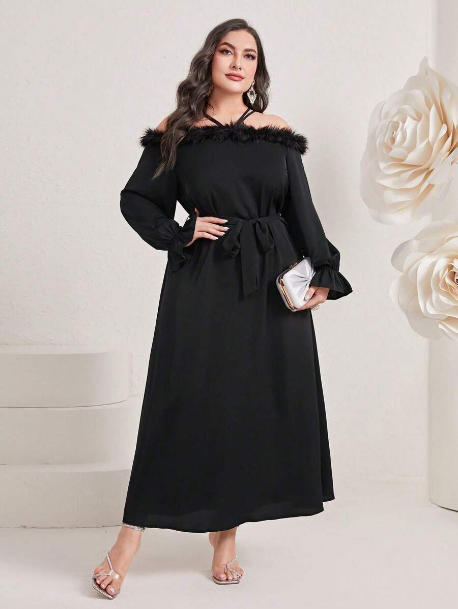 Modelyn 大碼挖肩荷葉袖繫腰帶連衣裙 - 黑色 - 查看 1