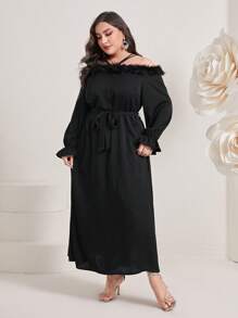 Modelyn 大碼挖肩荷葉袖繫腰帶連衣裙 - 黑色 - 查看 3