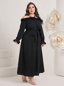 Modelyn 大碼挖肩荷葉袖繫腰帶連衣裙 - 黑色 - 查看 4