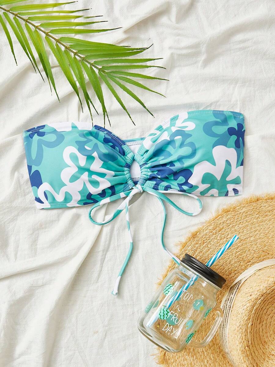 Floral Print Drawstring Bandeau Bikini Top - Cadet Blue - View 1