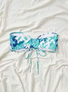 Floral Print Drawstring Bandeau Bikini Top - Cadet Blue - View 2