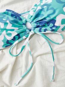Floral Print Drawstring Bandeau Bikini Top - Cadet Blue - View 5