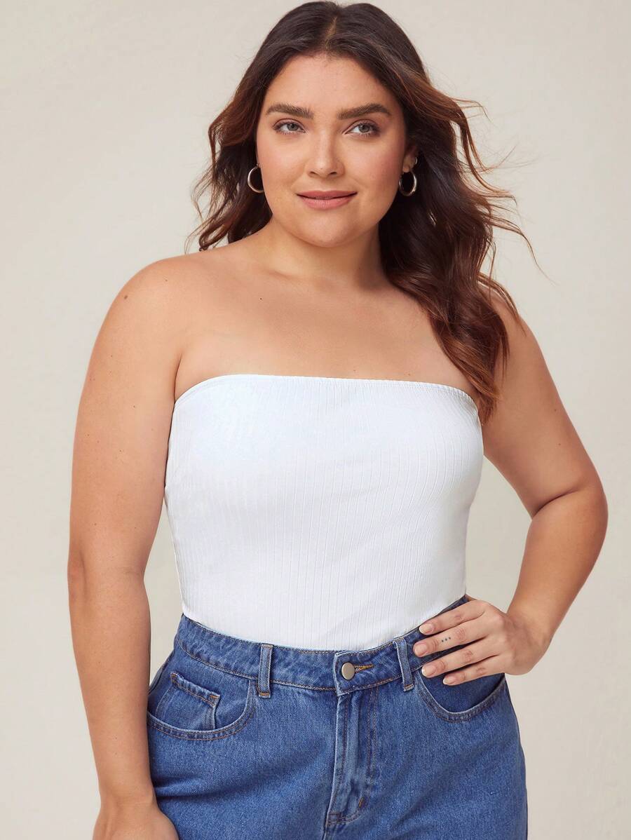 SHEIN BASICS Kích thước lớn Chất rắn Đồ đan Ribbed Ống ngọn - trắng - Xem 1