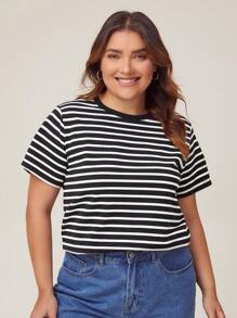 SHEIN BASICS Kích thước lớn In sọc Áo thun - Đen và trắng - Xem 1