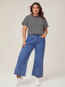 SHEIN BASICS Kích thước lớn In sọc Áo thun - Đen và trắng - Xem 4
