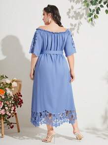 Mulvari 大碼一字肩鏤空繫腰帶洋裝 - 藍色 - 查看 2