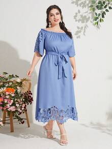 Mulvari 大碼一字肩鏤空繫腰帶洋裝 - 藍色 - 查看 4