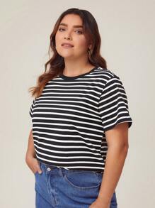 SHEIN BASICS Kích thước lớn In sọc Áo thun - Đen và trắng - Xem 6