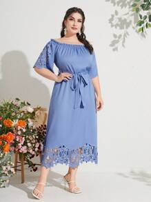 Mulvari 大碼一字肩鏤空繫腰帶洋裝 - 藍色 - 查看 1