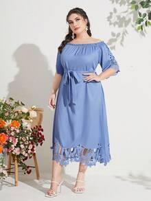 Mulvari 大碼一字肩鏤空繫腰帶洋裝 - 藍色 - 查看 5