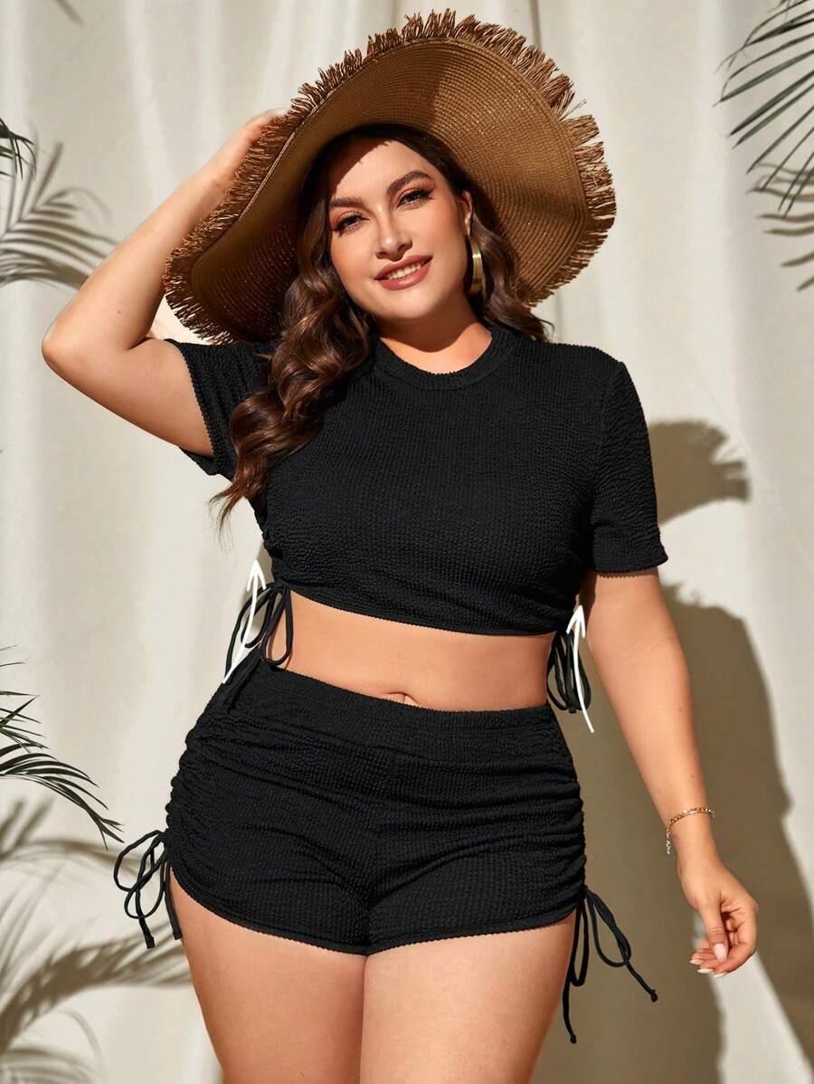 SHEIN Swim Curve Summer Beach Plus Size Drawstring Side Shorts Rashguard With Short Sleeve - Black - View 1
